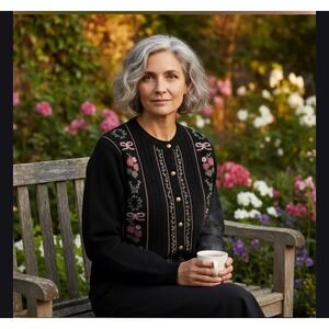 Deans of Scotland Cardigan Sweater Black Wool Embroidered Floral Bow  Size M